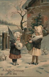 Two Girls with Christmas Gifts, Pretzel, Umbrella Children EAS Postcard Postcard Postcard