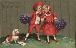 Happy Birthday - Boy & Girl with Flowers & Dog Postcard Postcard Postcard