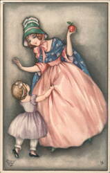 Mother in Pink Dress & Bonnet with Apple, Child in Lavender Postcard