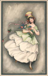 Primus Series Postcard - Girl in Green Dress with Flowers Postcard Postcard