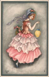 Young Woman with Basket of Roses & Lantern Postcard