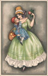 Mother and Daughter with Basket of Apples and Red Tulip Postcard