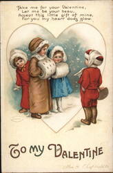 Three Children in Winter Clothes, Valentine Greeting Postcard