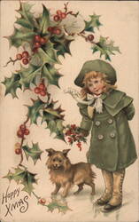 Little Girl with Dog and Holly Sprig, Happy Xmas Postcard