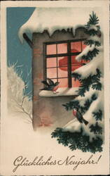 Two Birds on Snowy Window Ledge, German New Year's Postcard Postcard