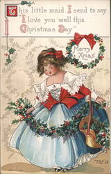 Little Maid with Holly, Merry Xmas Postcard