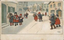 Children Exchanging Christmas Gifts in Snowy Village Square Postcard