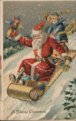 Santa Claus Sledding with Elf and Toys, Merry Christmas Postcard