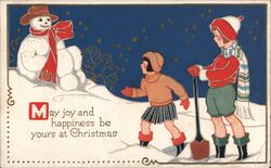 Children Building Snowman, Christmas Greeting Postcard