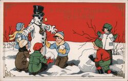 Happy New Year Snowman with Top Hat and Children Postcard