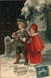 Bonne Année, Children with Flowers in Snow Postcard