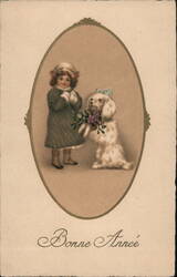 Bonne Année, Girl with Dog and Mistletoe Postcard