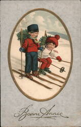 Bonne Annee, Children Skiing, Vintage Postcard Postcard