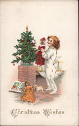 Little Girl with Doll & Christmas Tree Postcard