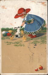 Little Girl, Bunny, Chicks and Easter Eggs Postcard