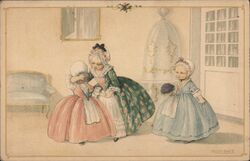 Three Girls in Fancy Dresses, One Hiding Her Face Postcard