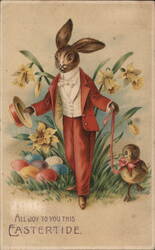 Anthropomorphic Easter Bunny with Chick and Eggs Postcard