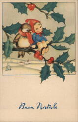 Buon Natale, Child & Bird on Holly Branch Postcard