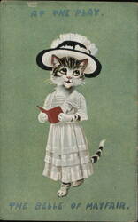 Cat Dressed in Fancy Clothes, Holding Book, "The Belle of Mayfair" Postcard