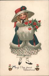 May I Be Your Valentine, Little Girl with Roses Postcard