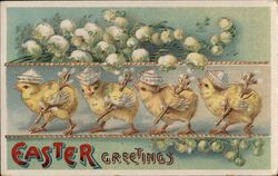 Four Chicks Wearing Bonnets, Easter Greetings Postcard