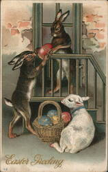 Easter Greeting, Two Rabbits and a Lamb with Easter Eggs Postcard