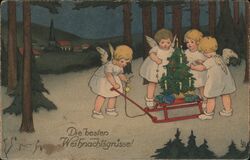 Four Angels with Christmas Tree on Sled Postcard Postcard Postcard