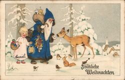 German Santa, Child, Deer, and Animals Postcard