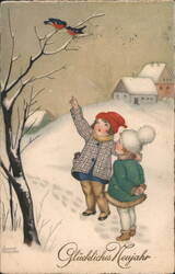 Two Children Pointing at Bullfinches, Glückliches Neujahr Postcard