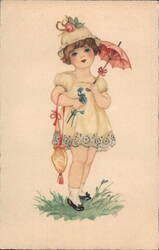 Little Girl with Parasol, Flowers and Purse Girls Postcard Postcard Postcard