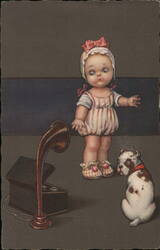 Vintage Postcard - Baby Girl, Phonograph, and Bulldog Postcard