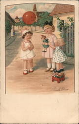 Three Girls with Doll, Teddy Bear and Balloon Postcard