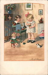 Two Children Playing with Toys, Doll and Puppy Postcard