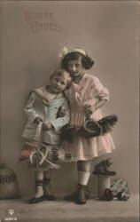 Bonne Année! Children with Baskets, Horseshoe, Money Bag, Pig Postcard