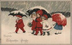 Children with Umbrellas in Snow, Herzliche Weihnachts-Grüße Postcard Postcard Postcard