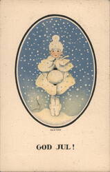 Vintage Christmas Postcard, Girl in Snow, God Jul Postcard