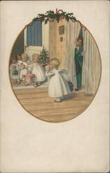 Christmas Angels with Gifts and Girl at Door Postcard