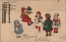 Joyeux Noël - Children with Christmas Toys in Snow Postcard Postcard Postcard