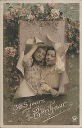 Two Girls Peeking Through Torn Paper, 365 Jours de Bonheur Postcard