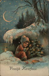 Child with Christmas Tree in Snow Fort, Vrolijk Kerstfeest Postcard