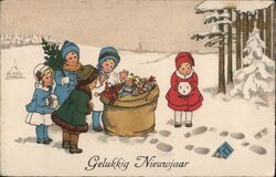 Children with Christmas Gifts in the Snow - Gelukkig Nieuwjaar Postcard