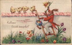 Easter Bunny on Ladder with Chicks and Flowers Postcard