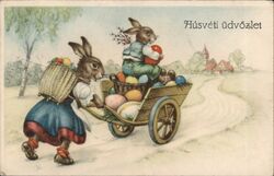 Two Easter Bunnies with Cart of Eggs, Húsvéti üdvözlet Postcard