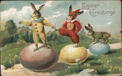 Three Rabbits Balancing on Easter Eggs Postcard