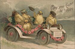 Four Baby Chicks in Floral Car, Easter Greetings Postcard