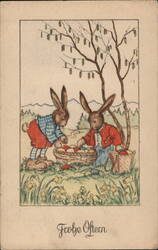 Two Easter Bunnies with Basket of Eggs, Frohe Ostern Postcard