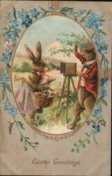 Easter Bunny and Squirrel with Camera, Easter Greetings Postcard