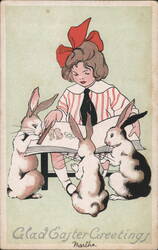 Glad Easter Greetings, Girl Reading to Rabbits Postcard