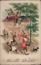 Hungarian Easter Postcard - Rabbits with Eggs and Umbrella Postcard