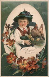 Boy with Chicken, Eggs and Flowers, A Joyful Easter Postcard Postcard